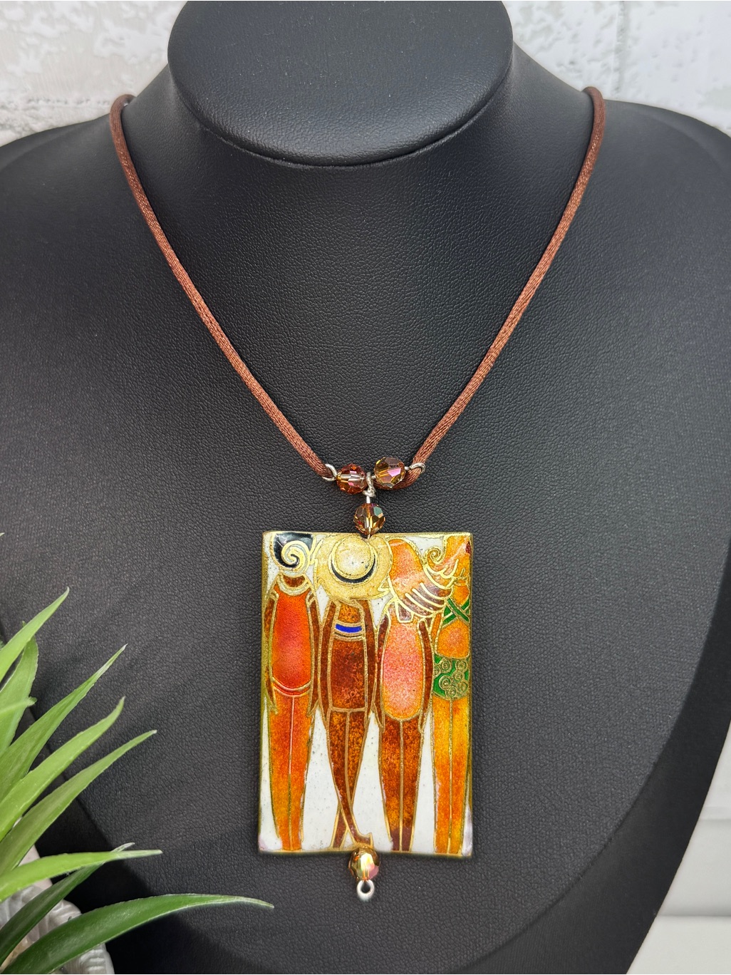 Artisan Cloisonne Enamel Abstract Women Pendant Cord Statement Necklace
